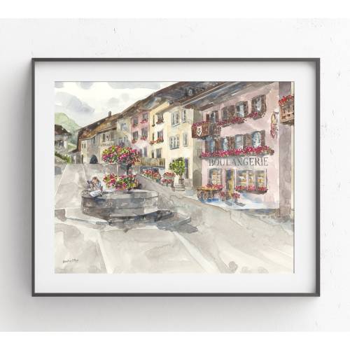Gruyere Switzerland Art Print: Beauty and the Beast French Village Watercolor, Nursery Decor