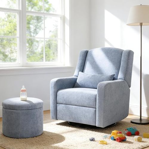 Power Nursery Rocking Chairs: 270° Swivel Rocker Recliner with Waist Pillow & USB Charging Port, Ultra Comfy Nursery Glider Recliner for Nursery Living Room and Bedroom Blue