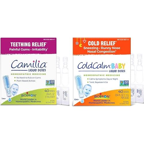Boiron Camilia & ColdCalm Baby Value Size Bundle! Relief from Teething & Relief from Cold Symptoms - 40 Single-Use Sterile, Non-Drowsy Drops of Camilia & 40 Single-Use Drops of ColdCalm Baby