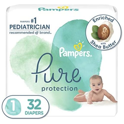 Diapers Newborn/Size 1 (8-14 lb), 32 Count - Pampers Pure Protection Disposable Baby Diapers, Hypoallergenic and Unscented Protection, Jumbo Pack (Packaging & Prints May Vary)