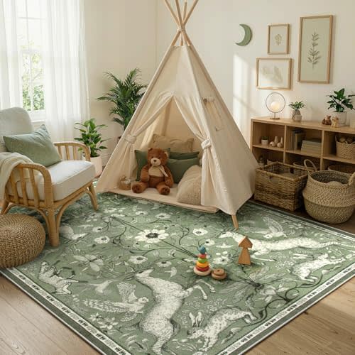 Lahome 5x7 Washable Area Rug for Living Room, Woodland Deer Boho Animal Rug, Vintage Botanical Green Non-Slip Low Pile Large Carpet for Bedroom Dining Room Nursery Farmhouse Decor