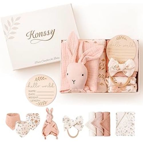 Konssy Baby Shower Gifts, Baby Girl Newborn Essentials Set, Gender Reveal Gifts, Bunny Lovey, Swaddle Blanket, 3 Bandana Bibs, 3 Washcloths, Nylon Bow Headband & Wooden Birth Announcement Card