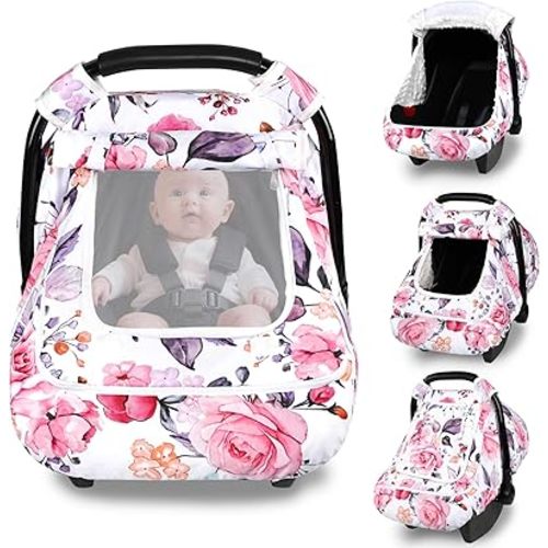 Winter Car Seat Cover Baby with Sunshade & Dual Zipper Windows - Minky Bubble Lined Windproof Soft Shell, Warm Newborn Car Seat Canopy Covers, Elastic Bottom for Stroller & Infant Car Seat, Floral