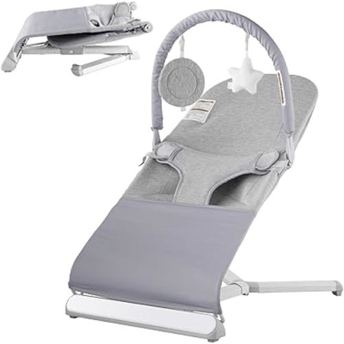 VEVOR Baby Bouncer, Folding Bouncer Seat for Babies 0-9 Months, Portable Baby Bouncer Seat with 2 Reclining Angles, Rotatable Toy Bar & Carrying Bag, Ideal for Indoors Outdoors, Light Gray