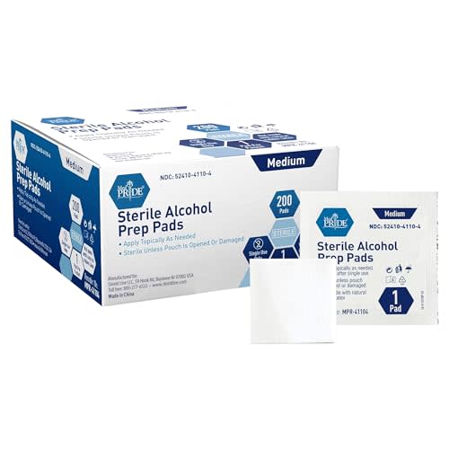 MED PRIDE Sterile Alcohol Prep Pads, Antiseptic, 70% Isopropyl, Individually Wrapped, Medical Grade 2 Ply Wipes (200 Count (Pack of 1) White)