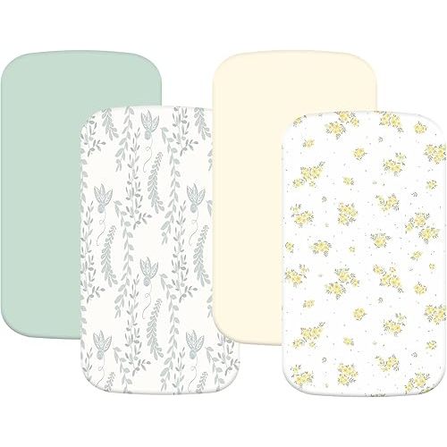 4 Pack Stretchy Bassinet Sheets 20" x 35" Compatible with Newton, Ezebaby, Angelbliss, AMKE(3 in 1) & Other Large Bedside Sleeper - Soft Breathable Fitted Bassinet Sheets - Light Floral Yellow