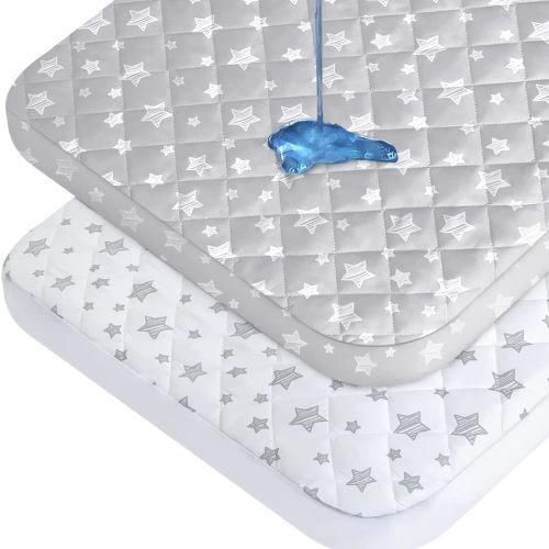 Pack n Play Sheet Quilted | Mini Crib Sheet - 2 Pack, Pack and Play Mattress Pad Cover, Ultra-Soft Microfiber,Waterproof, Fits Graco Pack and Play, Grey and White Star