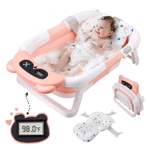 Doulami Baby Bathtub for Infants Collapsible Baby Tubs for Newborns with Cushion and Thermometer, 0-36 Month(Pink)