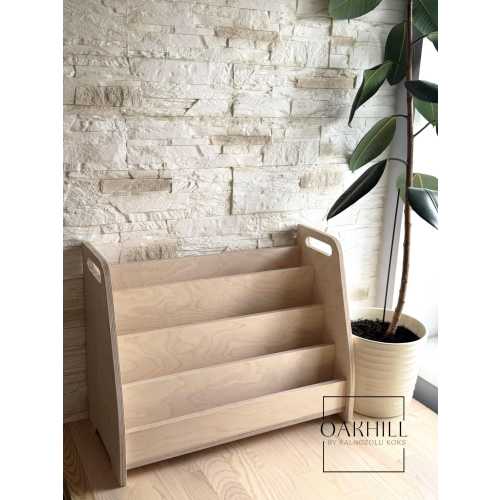 Montessori Bookshelf: 4-Tier Birch Wood Book Display for Nursery | Front facing