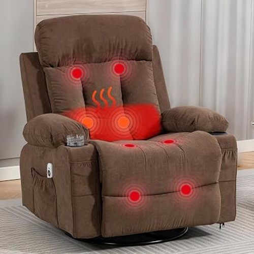 360 Swivel Rocking Chair, Rocker Recliner with Vibration Massage and Heat, Ergonomic Lounge Chair with Rocking Function, Side Pocket, Cup Holders, Soft Breathable Fabric, Brown