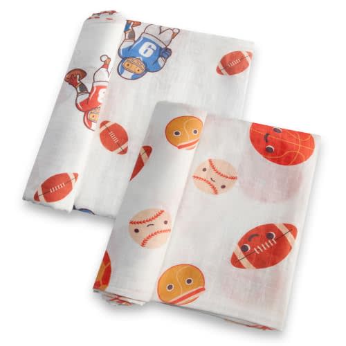 Bamboo Muslin Swaddle Blankets, Baby Receiving Blanket | 2-Pack, 47" x 47", Lightweight & Breathable Blanket for Swaddling, Stroller & Everyday Use (Ball Games)