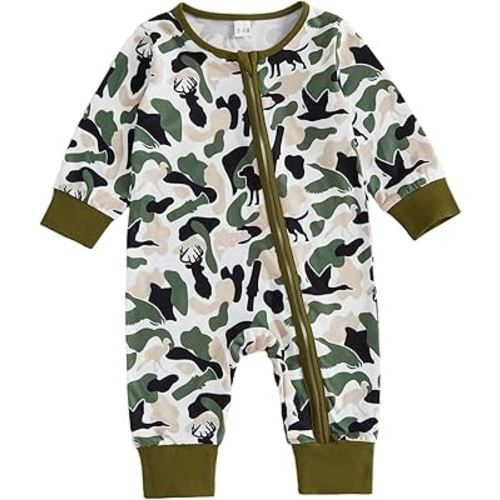 Vicaankue Hunting Newborn Baby Boy Clothes Duck Deer Camo Long Sleeve Zipper Romper One-Piece Jumpsuit Bodysuit Fall Outfit