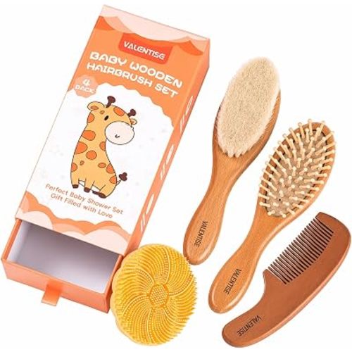 4 Pack Wooden Baby Hair Brush Set, Baby Brush and Comb Set with Soft Goat Bristle, Cradle Cap Brush for Newborns & Toddlers, Perfect Baby Registry Gift