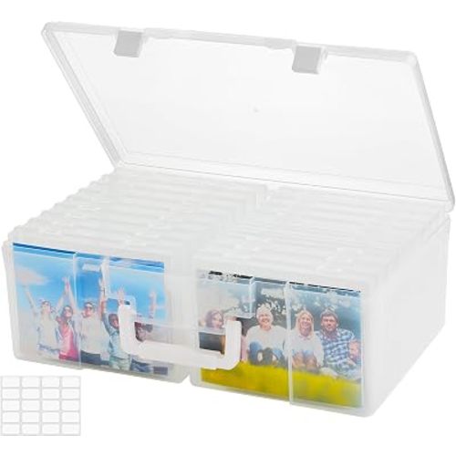 ALINK Photo Storage Box 5" x 7" with Handle, 18 Pcs Clear Photo Containers Organizer and Craft Keeper, Portable Picture Case with Label for Arts, Crafts, Sewing, Stickers, Office Supplies