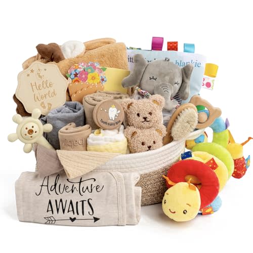 24-Piece Baby Gift Basket, Baby Shower Gift Set for Newborns, Khaki | 24-piece baby gift basket with Swaddle, Rattle, Bath Towel, Brush, Car Seat Activity Toy & Milestone Cards for New Mom