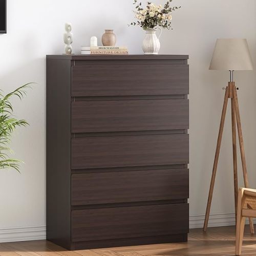 Modern Brown 5 Drawer Dresser for Bedroom, Simply Chest of Drawers, Wood Storage Dresser with Deep Drawers for Living Room Hallway Entryway, Brown