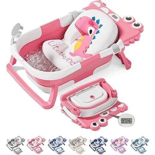 TPN Collapsible Baby Bathtub, Baby Bath Tub with Soft Cushion & Real-Time Thermometer, Baby Bathtub Infant to Toddler Tub (0-36 Months), Portable Travel Baby Tubs for Newborns (Pink)