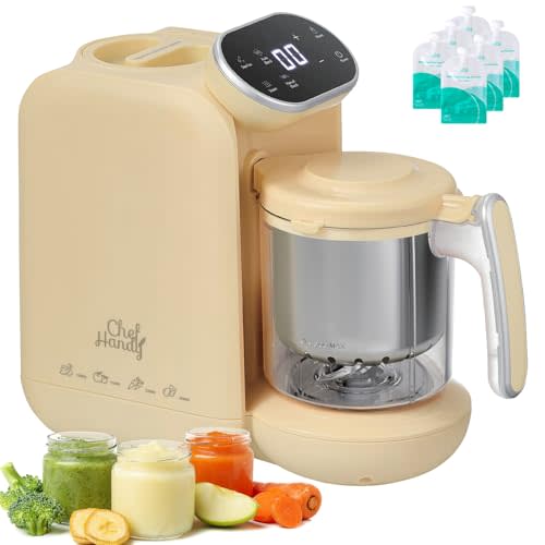 Chefhandy Baby Food Maker, Steamer & Blender with Stainless Steel Basket, Puree Maker with Auto/Manual Blend, Bottle Warmer & Sterili-zer, Safe & Easy-to-Clean Compact Baby Food Processor (Yellow)