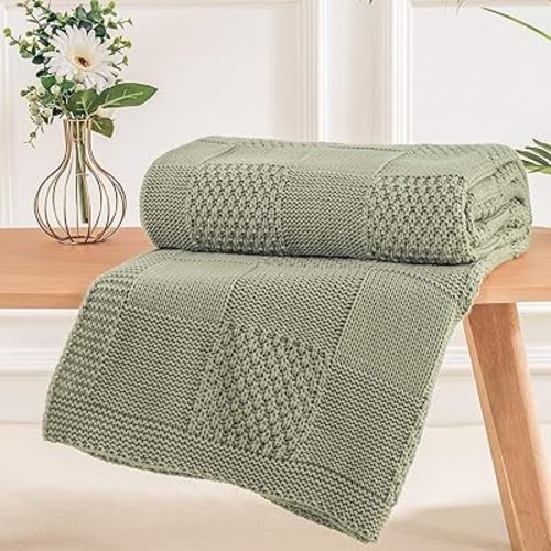 NEXHOME PRO Knit Throw Blanket,Classical Checkered Blanket for Couch,Cozy Warm Knitted Throw Blanket for Bed Sofa Living Room, Decorative Stretched Throw, Lightweigh,50"X 60"Sage Green