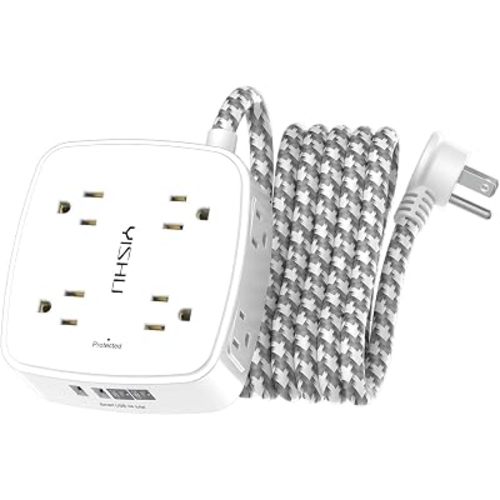 Surge Protector Power Strip - YISHU 8 Outlets with 4 USB (2 USB C) Charging Ports, 10Ft Braided Extension Cord, Flat Plug Multi Plug Outlet Extender Charging Station for Home Office, ETL, White