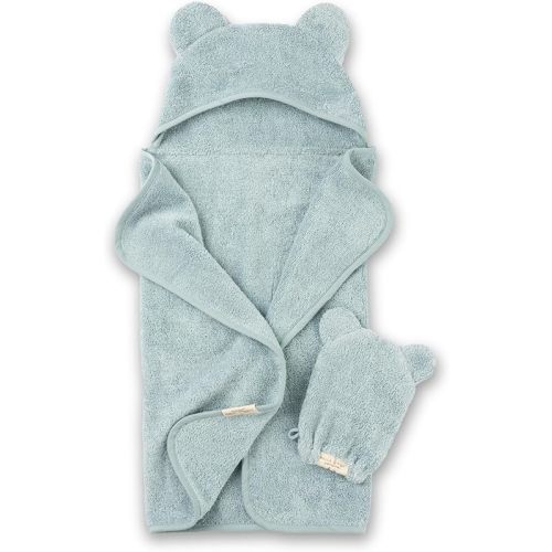 Bella Tunno Baby Bath Towel and Wash Mitt Set – Soft Absorbent Hooded Towels and Mitt-Style Baby Washcloths, Oeko-TEX Certified (Fog)