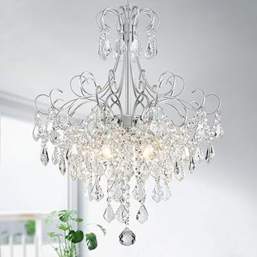 WUZUPS Crystal Chandelier 5-Light Pendant Ceiling Light Modern Lighting Fixture for Dining Room Hallway Bedroom Kitchen Bathroom, H 22.4" x W 18.3", E12 Base, Silver