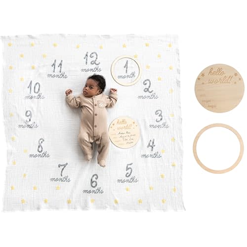 Pearhead Hello World Milestone Blanket and Prop, Baby Monthly Milestone Updates, Growth Blanket with Photo Posing Props, Perfect Newborn Gift and Nursery Décor, Muslin Cotton Texture