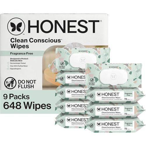 The Honest Company Baby Wipes for Sensitive Skin, Hypoallergenic, Fragrance-Free, Multi-Use, Geo Mood Design, 576 Count (6 Packs of 96)