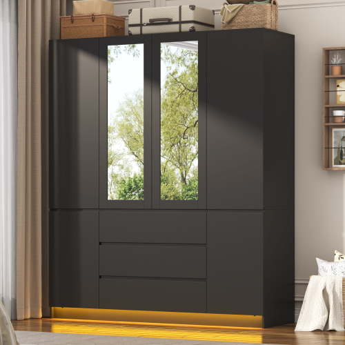 ChVans 75" Tall 4 Doors Armoire Wardrobe Closet with 3 Drawers and Mirror, Large Wardrobe Closet for Bedroom with LED Lights, Wooden Armoire Storage Cabinet with Hanging Rod, Black
