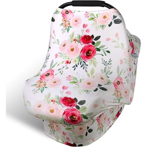 Rquite All-in-1 Car Seat Cover Baby, Carseat Covers for Girl Boy, Stretchy Soft Infant Car Seat Cover, Multi-use Baby Carrier Cover, Car Seat Canopy, Stroller Sun Shade, Nursing Breastfeeding Cover