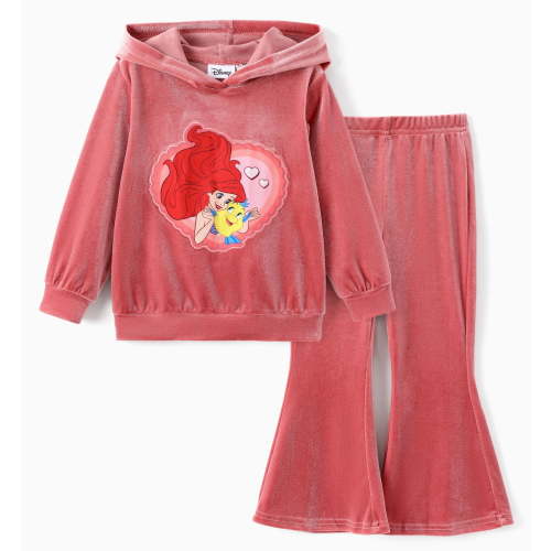 Disney Princess Girls Hoodie Ariel Graphic Love Sweatshirt and Flared Pants Pink Velvet 2 Pieces Sets Toddler 3T