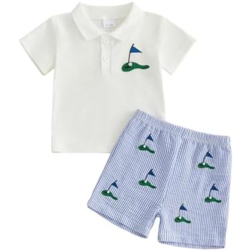 Toddler Baby Boy Golf Outfit Golf Short Sleeve Collared Polo T Shirt Striped Shorts Set Cute Boys Summer Clothes