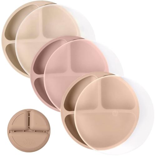 WeeSprout Silicone Plates with Lids for Babies & Toddlers (3 Pack) 100% Food-Grade Dishes for Self Feeding, Divided Design & Raised Edges for Picky Eaters, Dishwasher & Microwave Safe Weaning Supplies