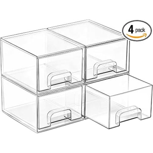 Vtopmart 4 Pack Small Clear Stackable Storage Drawers,Acrylic Bathroom Makeup Organizer,Plastic Storage Bins For Vanity, Undersink, Kitchen Cabinets, Pantry, Home Organization