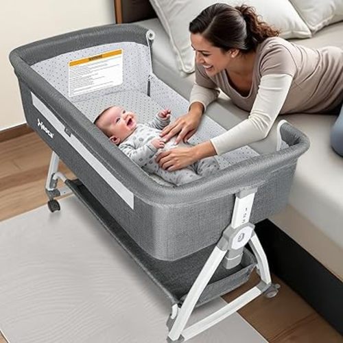Baby Bassinet Bedside Bassinet Sleeper for Baby, 3 in 1 Bassinet Bedside Sleeper with 6 Height Adjustable, Breathable Mesh Sides, Mosquito Net, Storage Basket Portable Crib for Infant Newborn