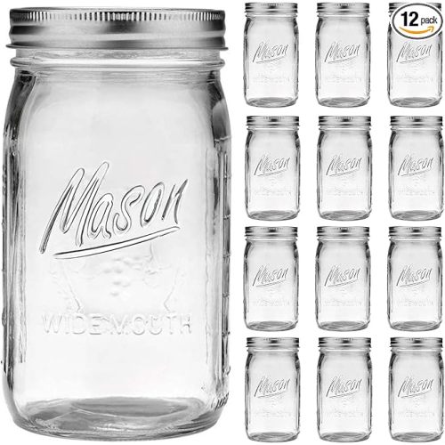 Wide Mouth Mason Jars 32 oz - 12 Pack Large Glass Mason Jars with Airtight Lids and Bands, 1 Quart Glass Jars for Pickling, Canning, Fermenting and Food Storage, Microwave & Dishwasher Safe