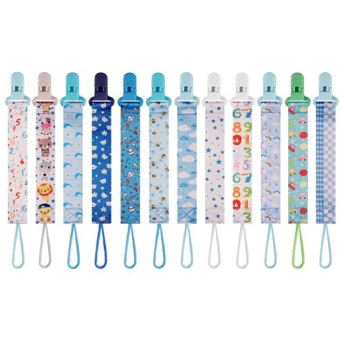 12 Pack Pacifier Clips with Adjustable Strap Short Strap(25.5cm) - Premium Polyester Baby Pacifier Holder Set, Multi-Design Clips for Boys Girls (Multicolor J - Blue)
