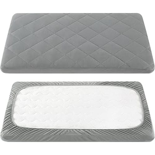 TILLYOU Pack and Play Sheet Quilted Crib Cover Pad 39"x27" Grey