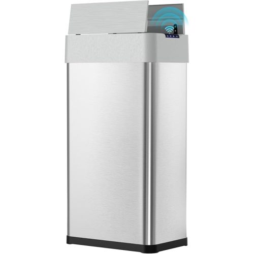 Arlopu 21.1 Gal Automatic Trash Can, 80L Stainless Steel Motion Sensor Garbage Bin, Touchless Brushed Wastebasket, W/Butterfly, Soft-Close Lid, for Living, Dinning Room, Kitchen (Silver)