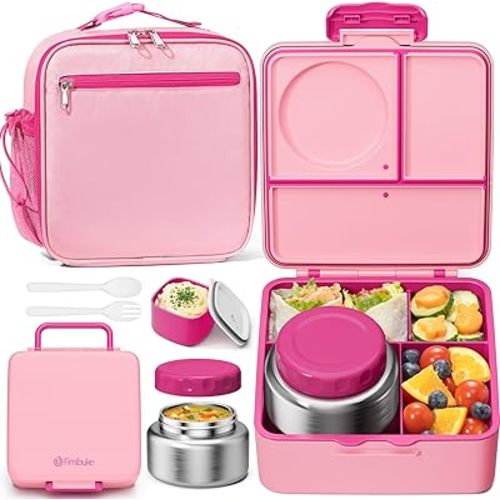 Fimibuke Kids Bento Lunch Box with Thermo, Leakproof Toddler Bento Box with 8.5OZ Insulated Food Jar, Lunch Bag & Utensils BPA Free Dishwasher Safe 3 or 4 Compartment Container for School Girls Boys