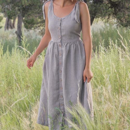 Midi-Length Linen Dress with Functional Shoulder Ties, SIERRA, Summer Must-Have, Casual Dress, Bridesmaid Dress, Mothers Day Gift