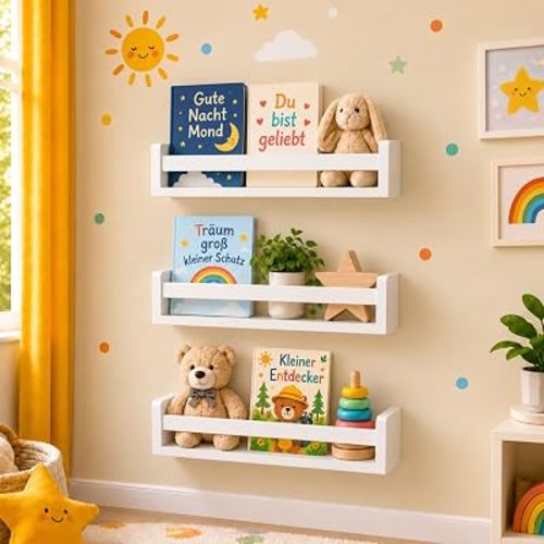 NATURE SUPPLIES Nursery Book Shelves, Set of 3 White 16.4" Nursery Shelves for Wall, Kids Bookshelf for Kids Room, Floating Wall Shelves for Bedroom & Playroom