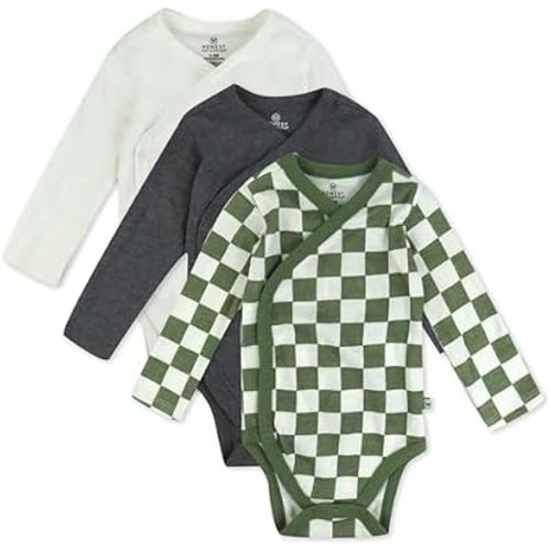 HonestBaby Baby 3-pack Long Sleeve Side-snap Kimono Bodysuits Organic Cotton for Infant Baby Boys, Girls, Unisex