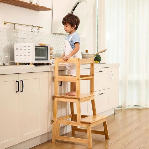 Kitchen Step Stool for Kids with Safety Rail,Solid Wood Construction Toddler Learning Stool, Montessori Toddlers Kitchen Stool Tower(Natural)