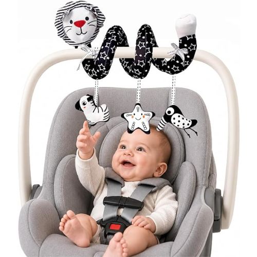 LiKee Spiral Car Seat Toys for Babies 0-6 Months, Black High Contrast Plush Hanging Baby Stroller Toys, Crib & Carseat Sensory Activity for Newborn, Ages 0+ Years 6-12 Month Infants Boy Girl Gifts