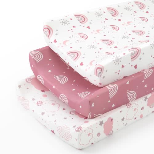 Diaper Changing Pad Cover Girl 32"x16" 3-Pack for Changing Table Pad | Super Soft Stretchy Microfiber Washable, Fitted Baby Changing Table Sheets Sets for Newborn Diaper Mat, Pink Rainbow