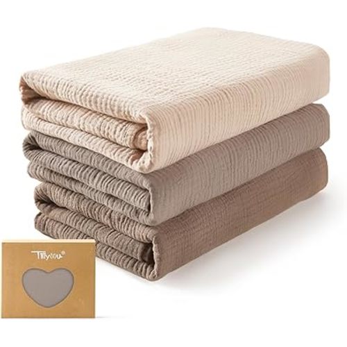 TILLYOU 3 Pack Muslin Swaddles for Newborns, Breathable and Soft Baby Blankets for Girls Boys, Cotton Blanket Baby Wrap Swaddle 47"X47", Gradient Brown