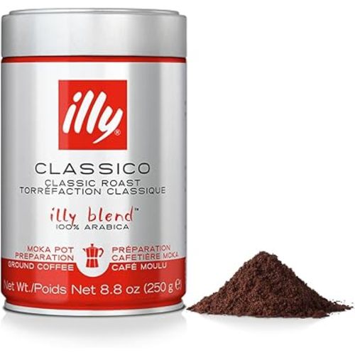 illy Ground Coffee Moka - 100% Arabica Flavored Coffee Ground - Rich Aromatic Coffee Grounds Profile – Classico Medium Roast - Notes of Caramel, Orange Blossom & Jasmine - No Preservatives – 8.8 Ounce