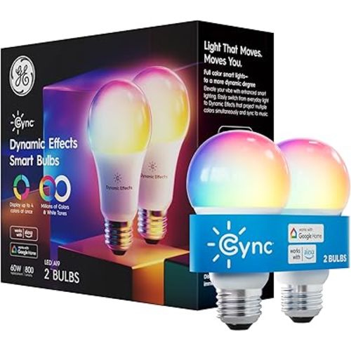 GE Cync Dynamic Effects A19 LED Smart Light Bulbs, Bluetooth and WiFi Color Changing Lights with Music Sync, Compatible with Alexa and Google Home (2 Pack)