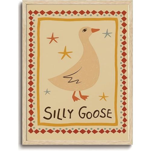 KISSFOX OAK Wood Framed Wall Art Silly Goose Wall Decor Animal Canvas Art Yellow Pictures Cute Paintings Whimsical Artwork Boho Prints For Nursery Kids Children Playroom Boys Girls